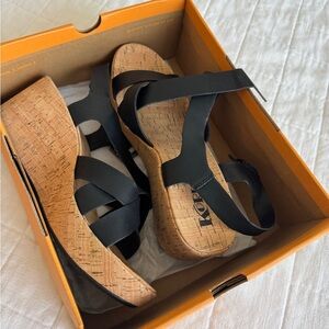 Kork-Ease Black and Tan Wedge Sandals